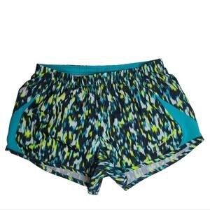 Nike art deco watercolor teal, yellow, white and black 3" running shorts small